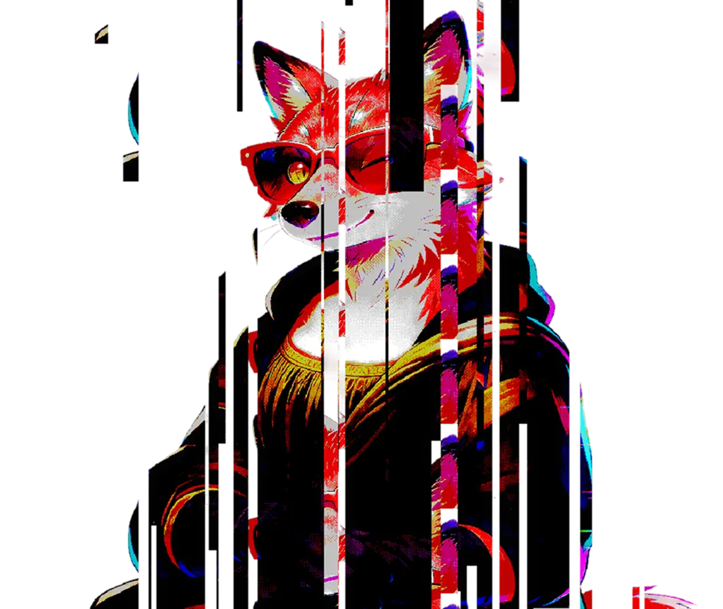 A draw of a fox 16bit stilised doing the monalisa pose using her clothes glitching